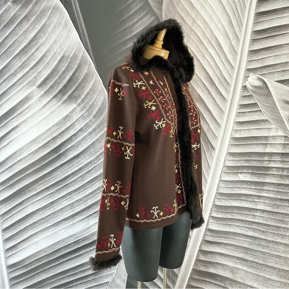 Bohemian Boho L Sweater Cardigan Shacket Merino Wool Rabbit Fut Brown Red Gold - Picture 6 of 16